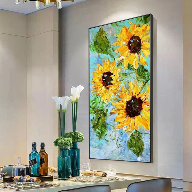 Home Restaurant Decoration Vertical Yellow Painting Large Size Pure Hand-Painted Sunflower Oil Painting