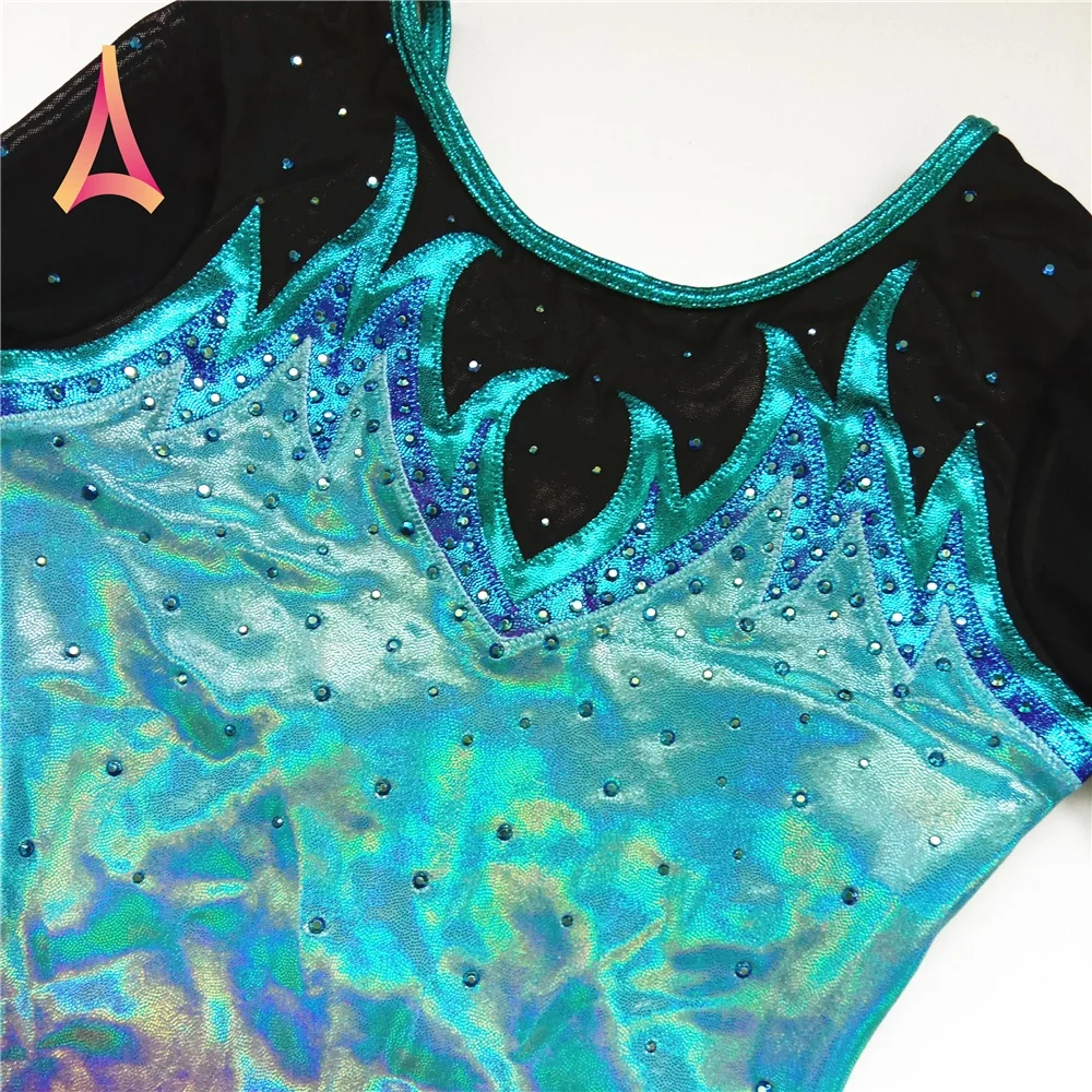 Green Black Ombre Shiny Leotard Long Sleeve Gymnastics Leotards