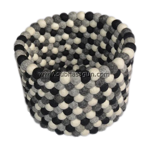 Black and White Felt Ball Basket, Bread Basket Handmade in Nepal