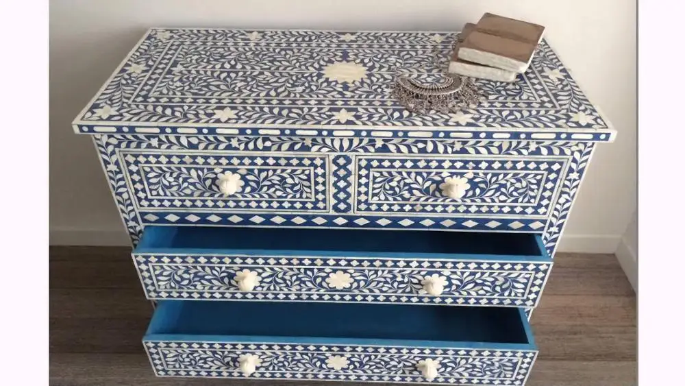 Luxury Bone Inlay Drawer Chest Floral Multi Color Bone Inlay Table Top With Best Quality Bone/Mother Of Pearl Inlay Drawer Chest