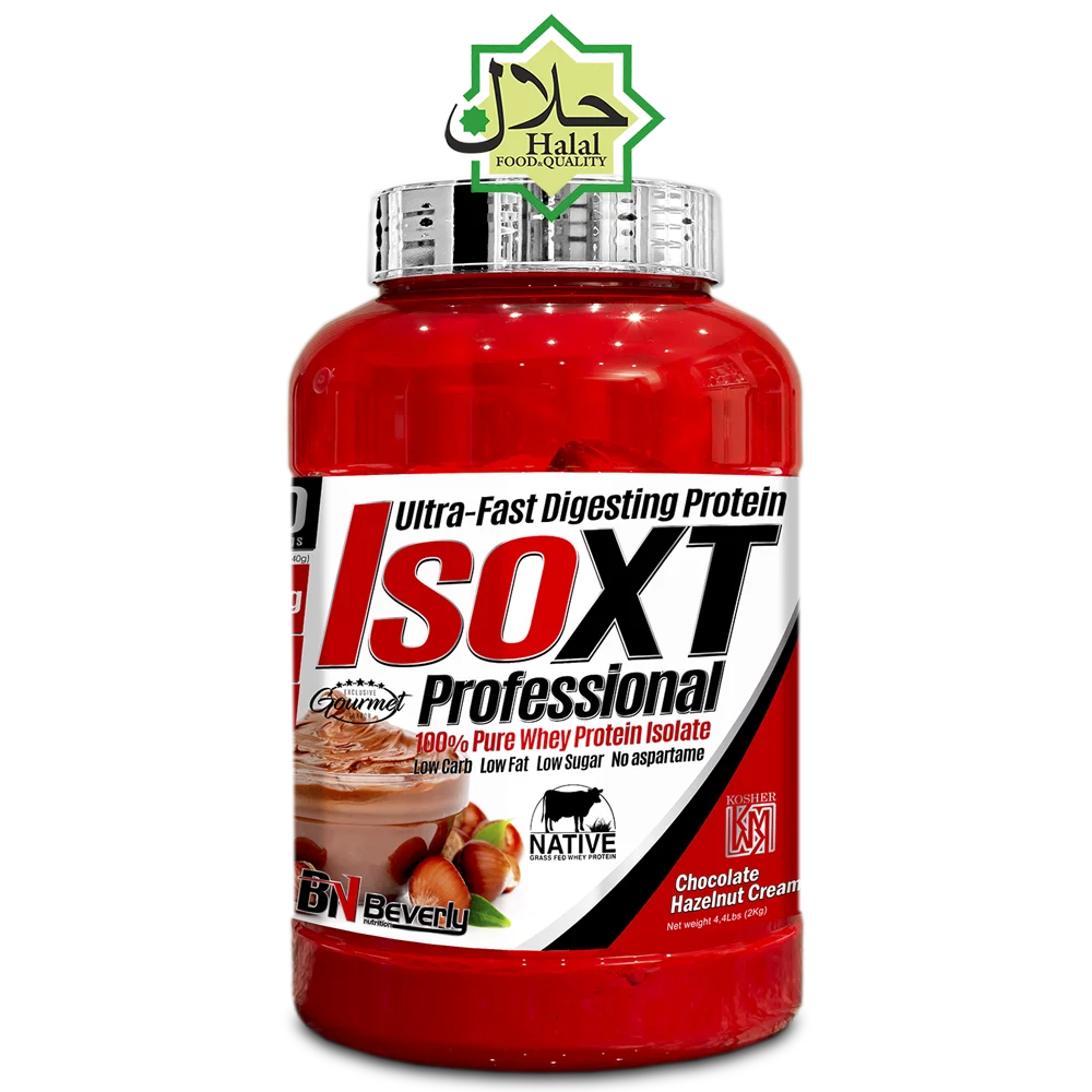 
Whey Protein Isolated, ISO XT Professional. Halal. Bottle with 2 kg in four delicious flavors. The Perfect Protein. 