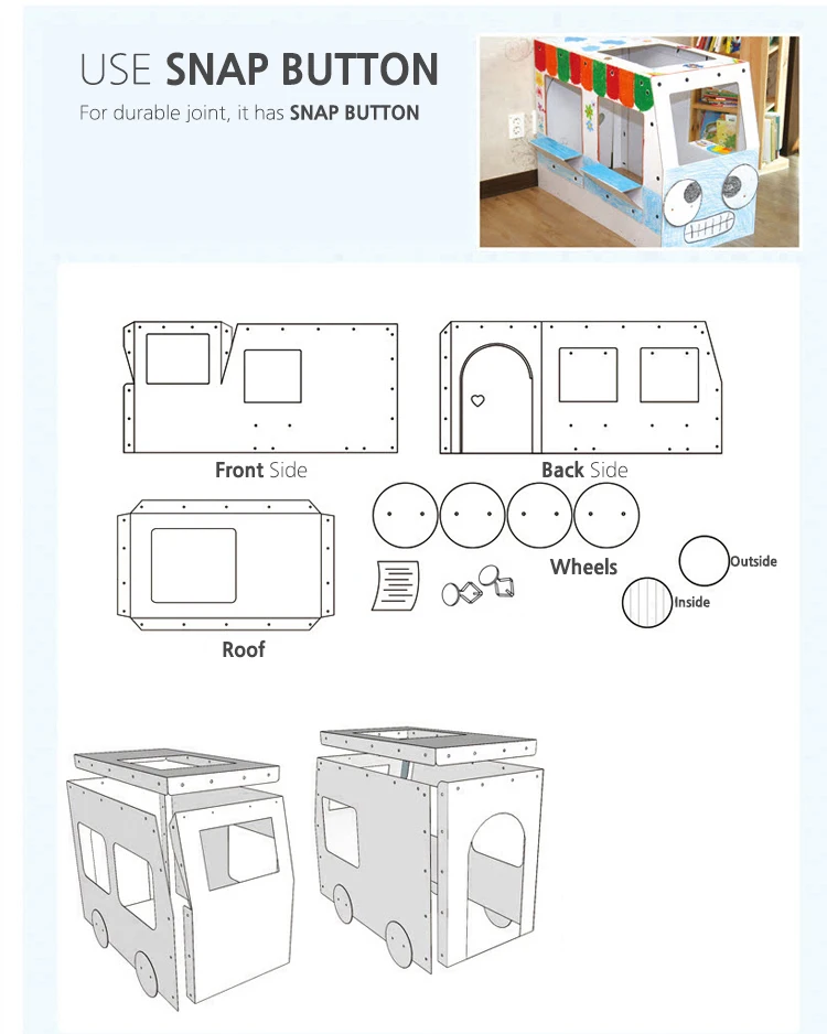Korea Made Safe CuttinKids Baby Paper Play House Play Bus Scribble Drawing Graffiti Bus Play Bus Assembled Snap Button Paper Toy
