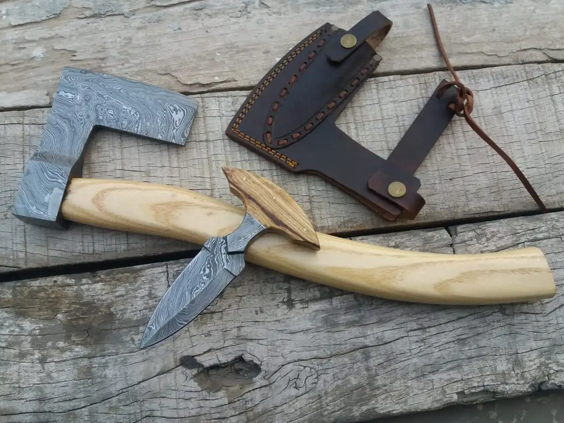 Handmade Damascus Viking Axe With Skinner