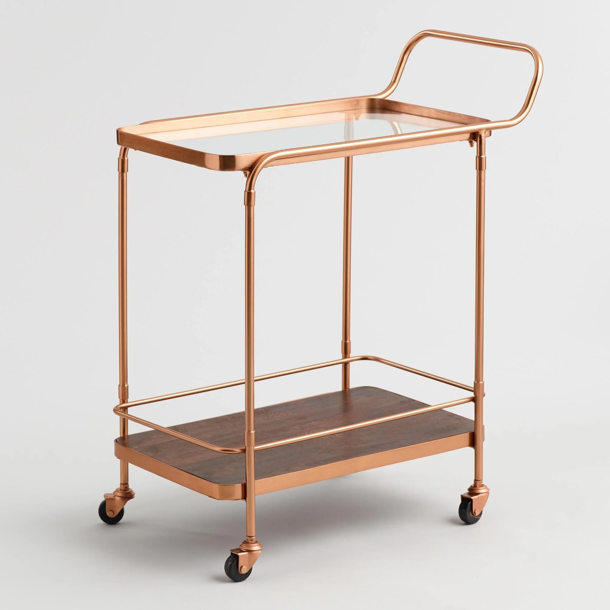Living Room Corner Side Iron & Glass Rose Gold Metal Beautiful Modern Metal Rolling Hand Wheeled Design Glass Bar Cart