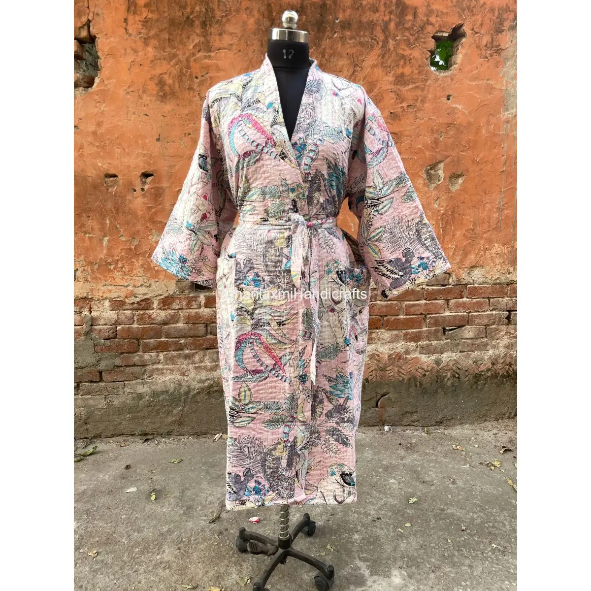 Pink Handmade Maxi Gown Dress Monkey Print Kimono Style Kantha Quilted Sleepwear Wholesale Indian Cotton Women Bath Robes