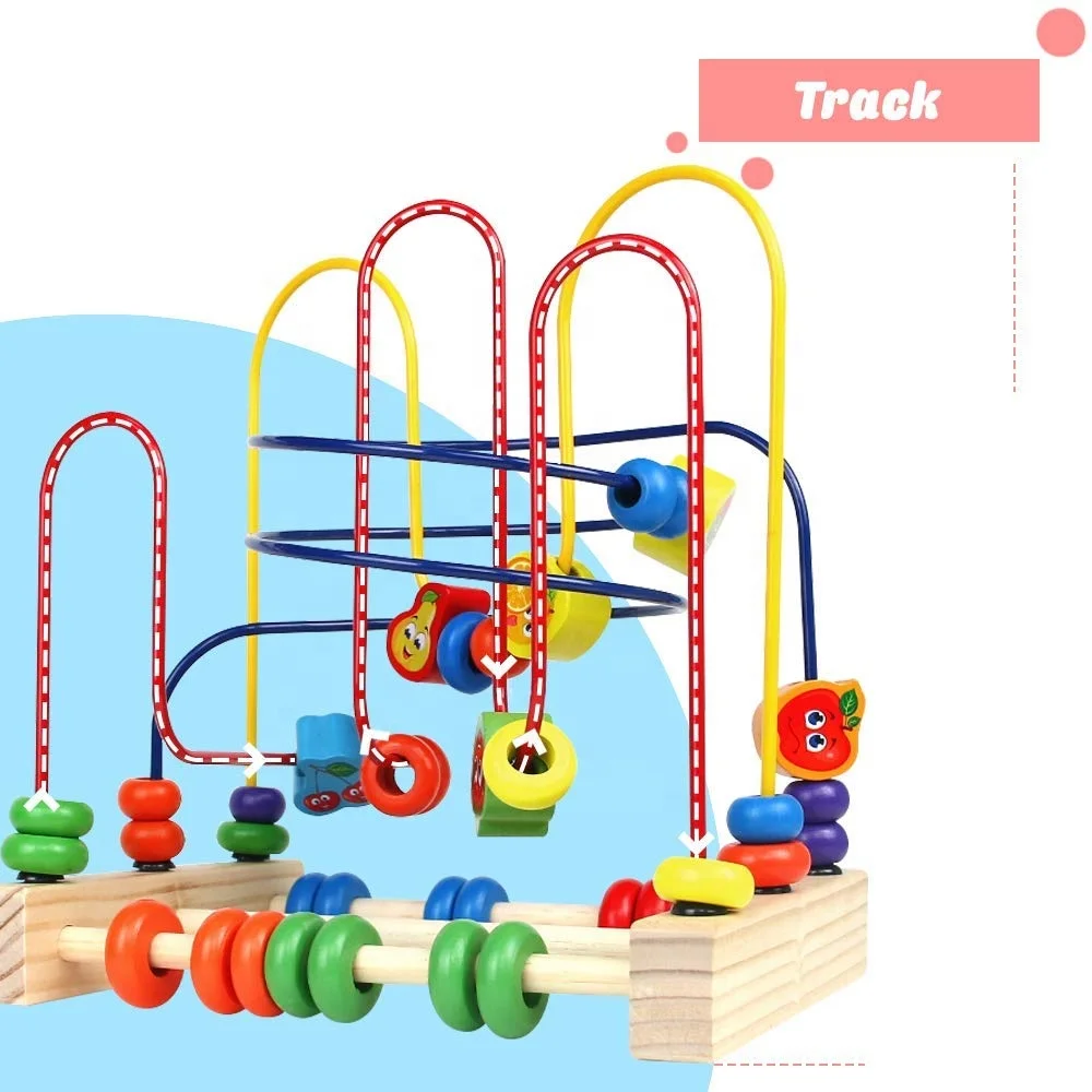 Educational Maze Game Circle Bead Wooden toy Colorful Fruit Theme Roller Coaster Game for Kids