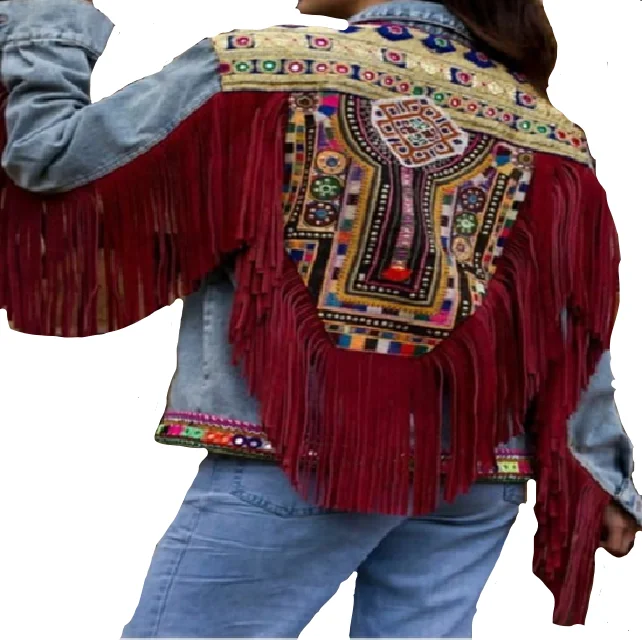 Handmade Unique New Designer Leather Fringe Stylish Denim Jacket Gypsy Style Fringe Jacket Waist Coat for Girls