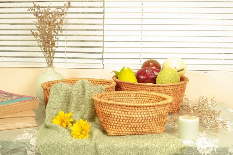 Rattan Storage Baskets for Shelves Woven Recycle Paper Rope Bin Set 3Storage Box for Makeup and Toys