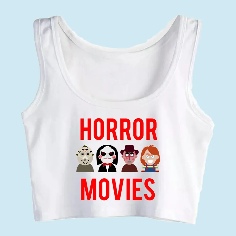Tops Print Crop Top Female Women Horror Movies Cool White Jersey Short Custom Printing Streetwear Knitted 100% Cotton Plain Dyed