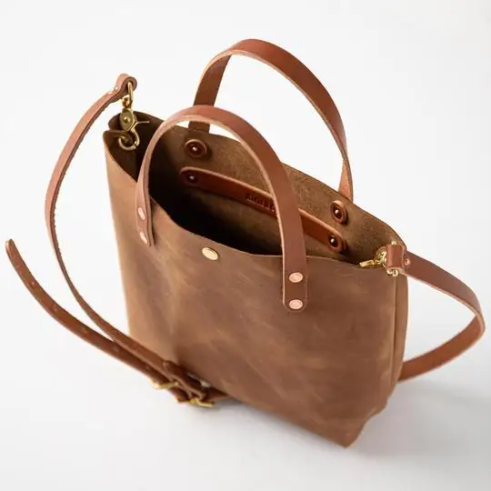 Cognac Mini Tote For Girls Real Leather Small Tote Bag For Ladies Christmas Gift Small Size Tote For Women
