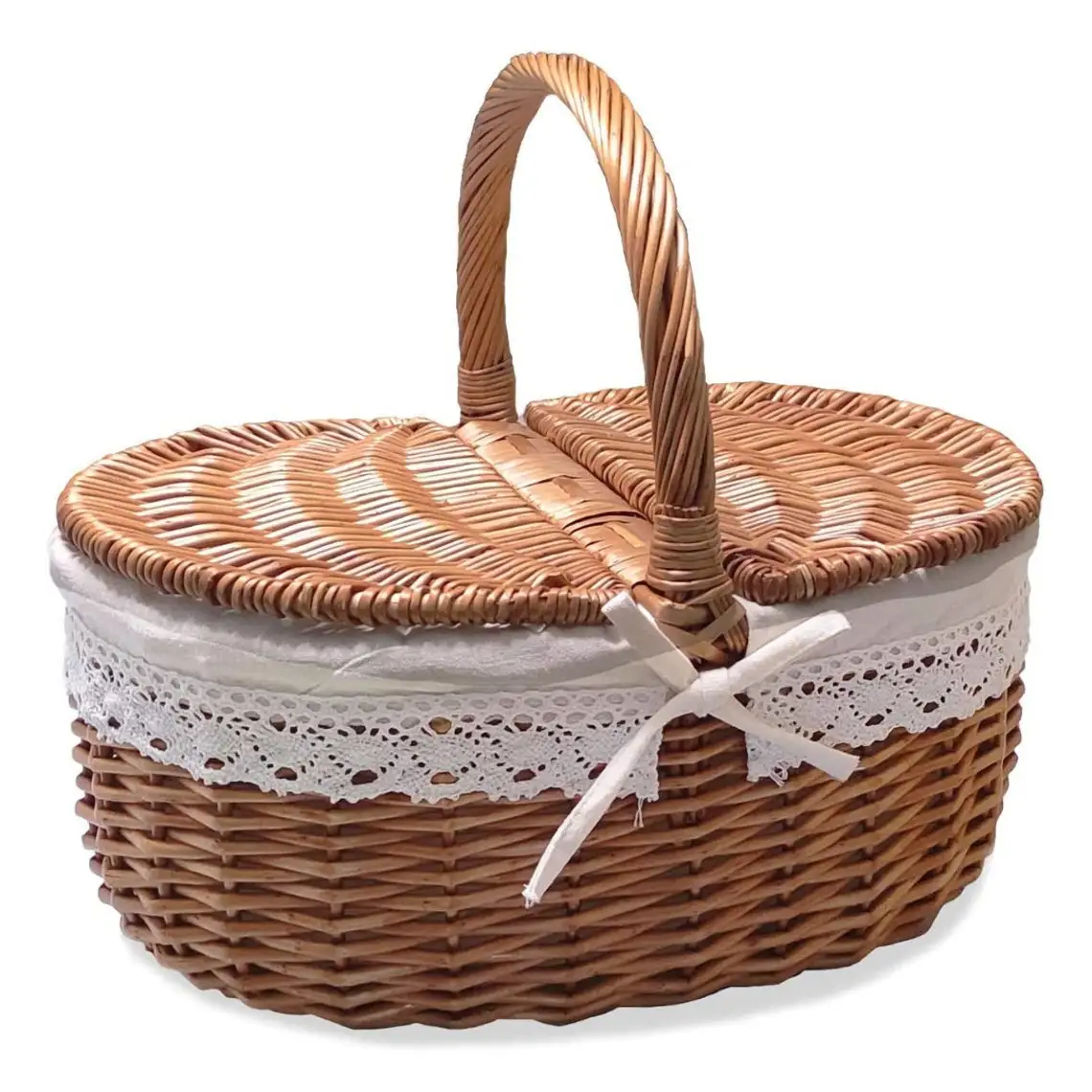 Wicker Picnic Basket, Handmade Basket Hamper with Lid and Handle Sturdy Woven Body with Washable Lining