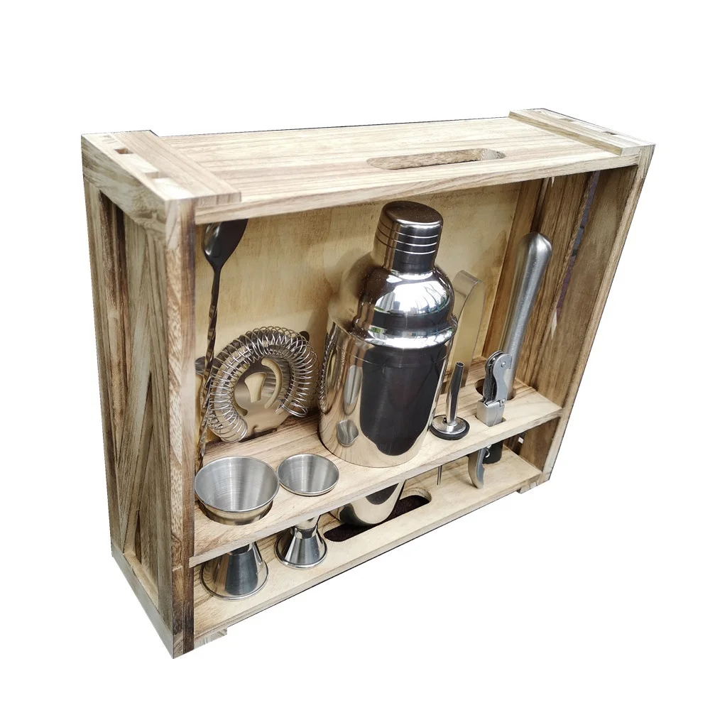 Custom Logo Home Bar 17-Piece Bar Tool Set with Patent Pending Bamboo Stand Bartender kit Cocktail shaker set