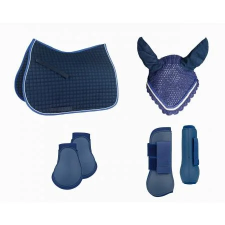 SHEMAX HORSE RIDING EQUESTRIAN SET OF FOUR PRODUCTS SADDLE PAD FLY VEIL TENDON BOOTS
