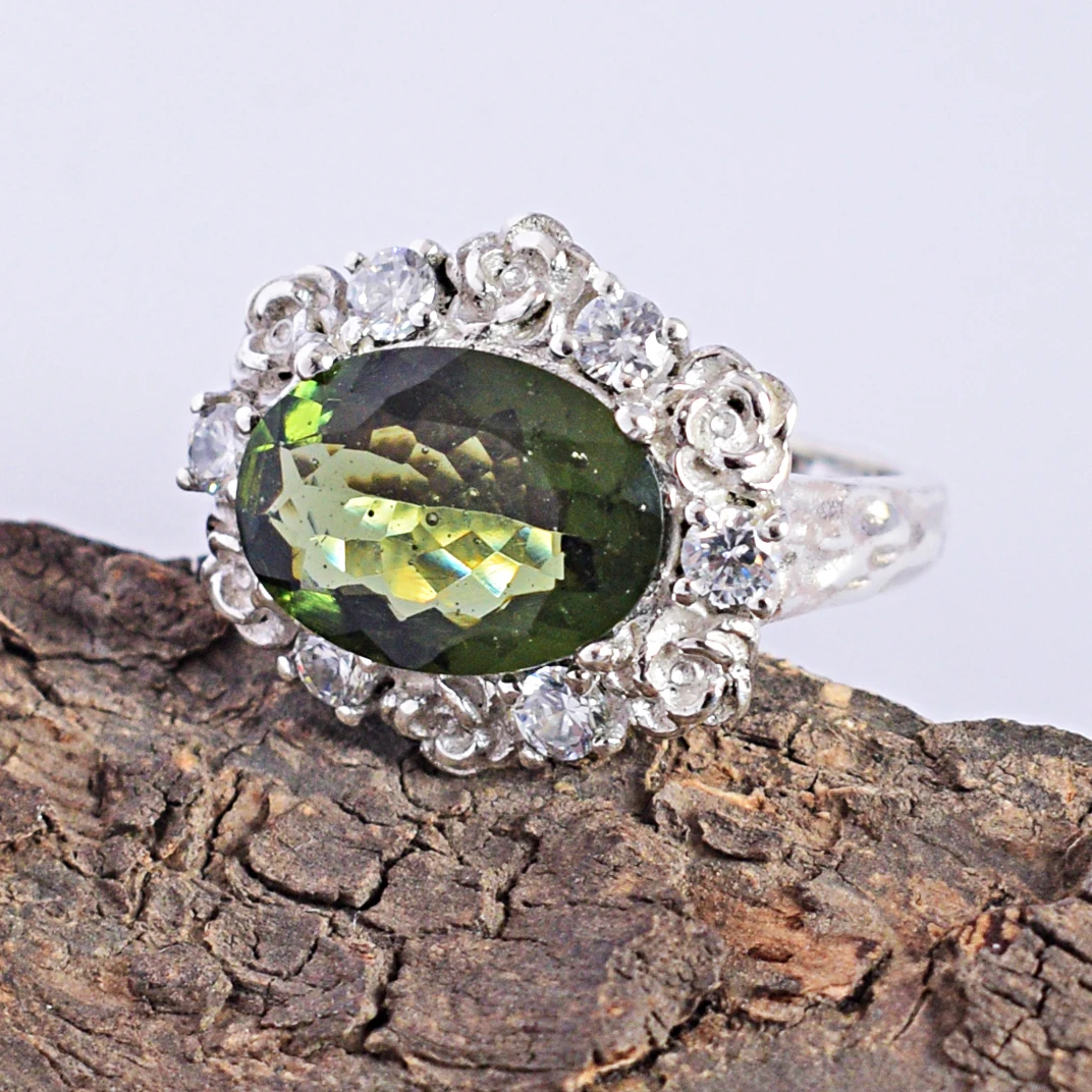 Natural Oval Shape Moldavite Gemstone Designer Ring 925 Sterling Silver Cubic Zirconia Stone Best Fine Jewelry For Women
