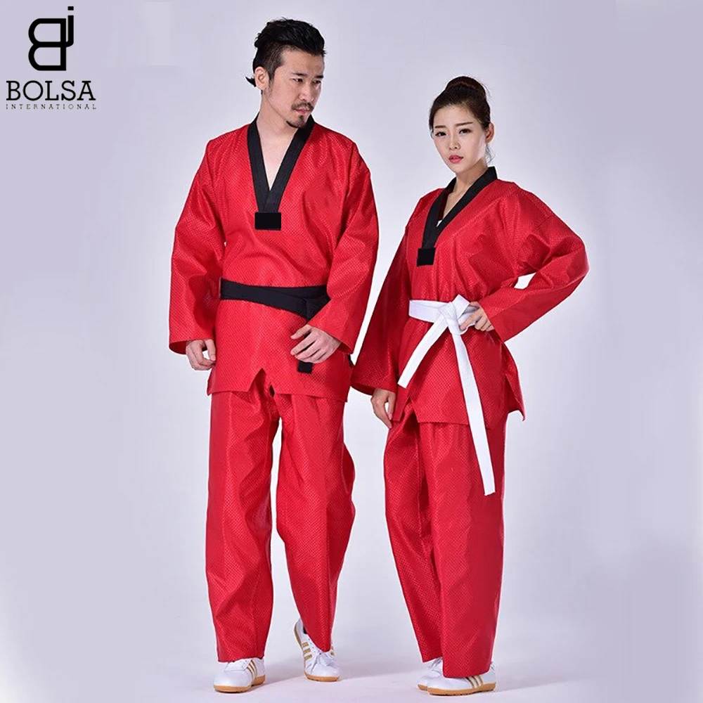 
Red Taekwondo Uniform Blue TKD Suit Adult Karate Judo Training Competition Clothes Black Belt Pants White Coat Beginner 