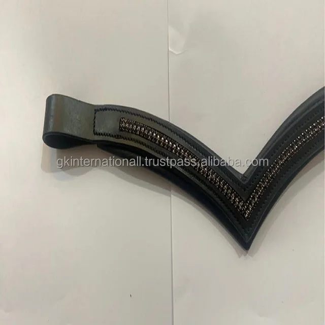 Black English Leather horse brow band for bridles empty channel inlay with 2 row purple clear crystals luxury chain