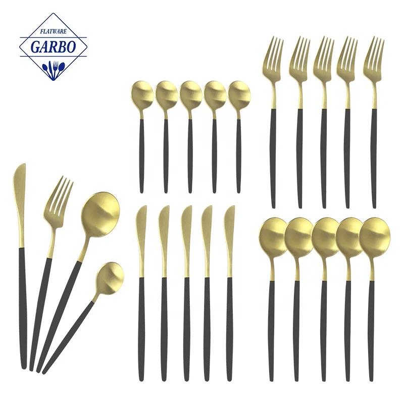 Portugal luxury cutlery set, wholesale black champagne gold plated cutlery, stainless steel matte gold flatware set for wedding