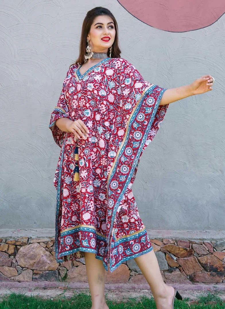 Indian Block Print Kaftan Long Women Apparel Sexy Short Sleeve V-Neckline Beach Embellished Indian Block Print Kaftan
