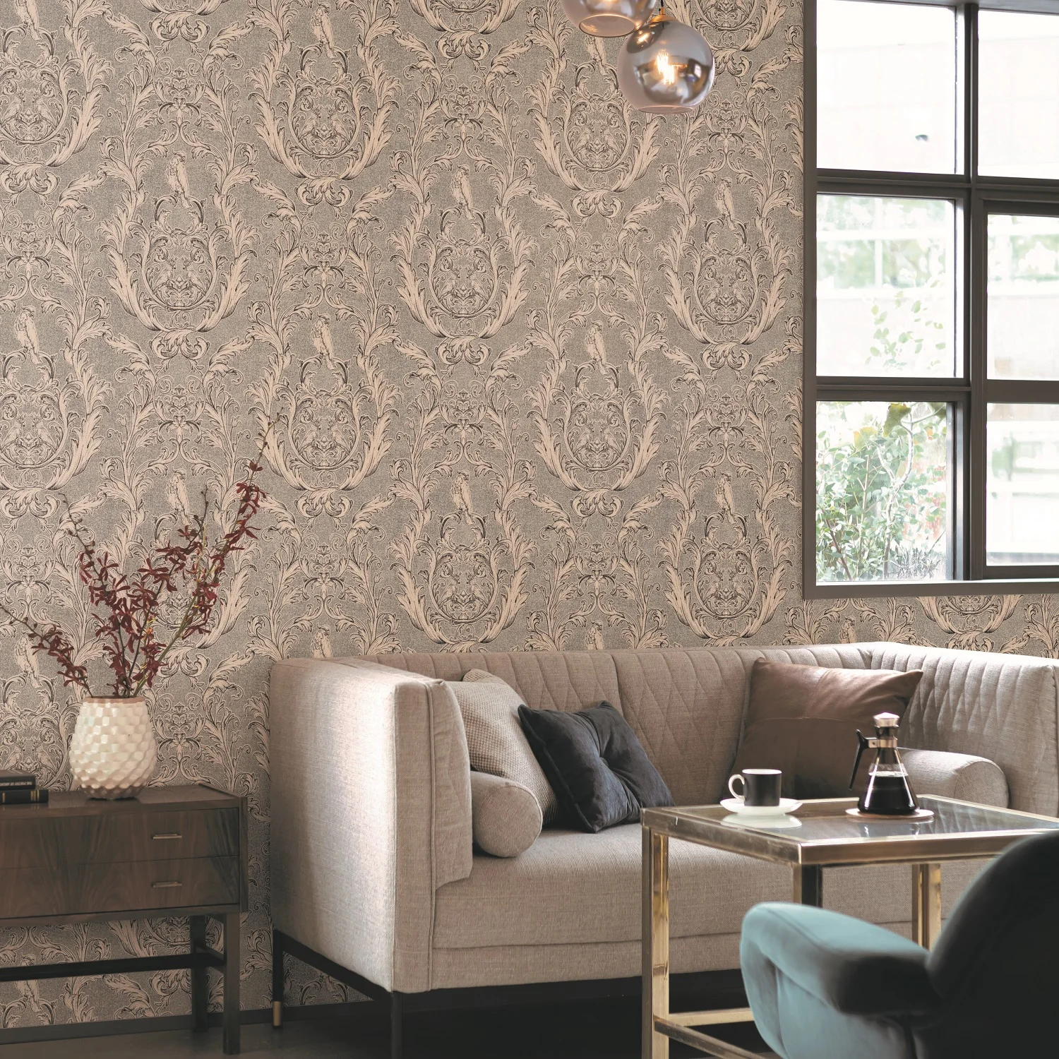 A chic wallpaper designed with a parrot nestled in a damask pattern.