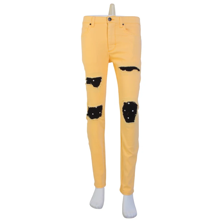Wholesale Price Custom Fashion Yellow Damaged hole jeans Pants Men Ripped Denim Jeans