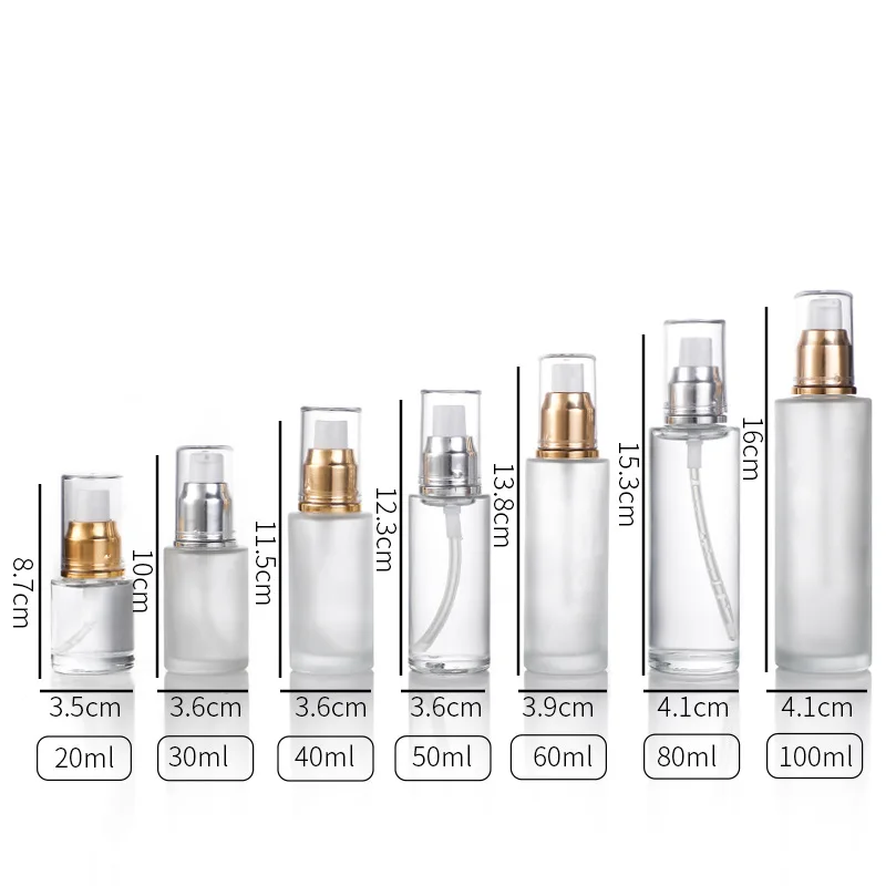Wholesale 20ml 30ml 40ml 50ml 60ml 80ml 100ml Clear Frosted Glass Bottle With Sliver Gold Spray Lotion Pump