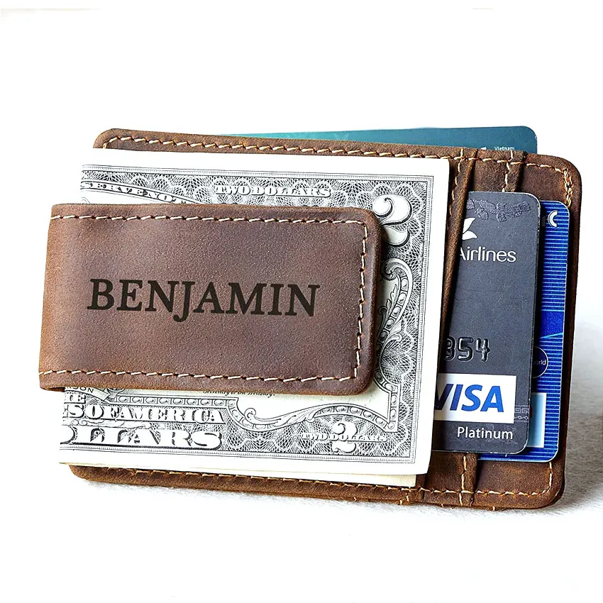 Мужской тонкий кожаный кошелек с зажимом для денег и логотипом производителя