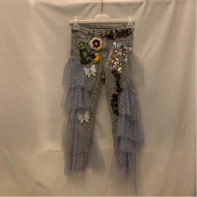 Made in Italy jeans woman with tulle flounces and  hand embroidered lace