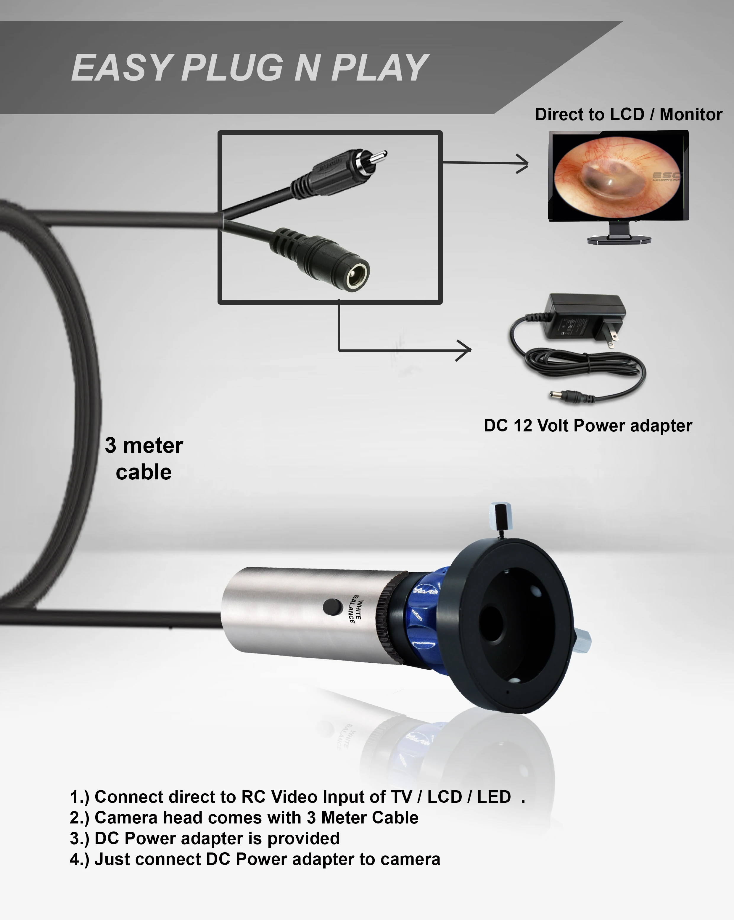 Портативная эндоскопическая камера, жесткий эндоскоп, эндоскопический блок для видеоэндоскопии 1,2 Мп CCD, чип Sony