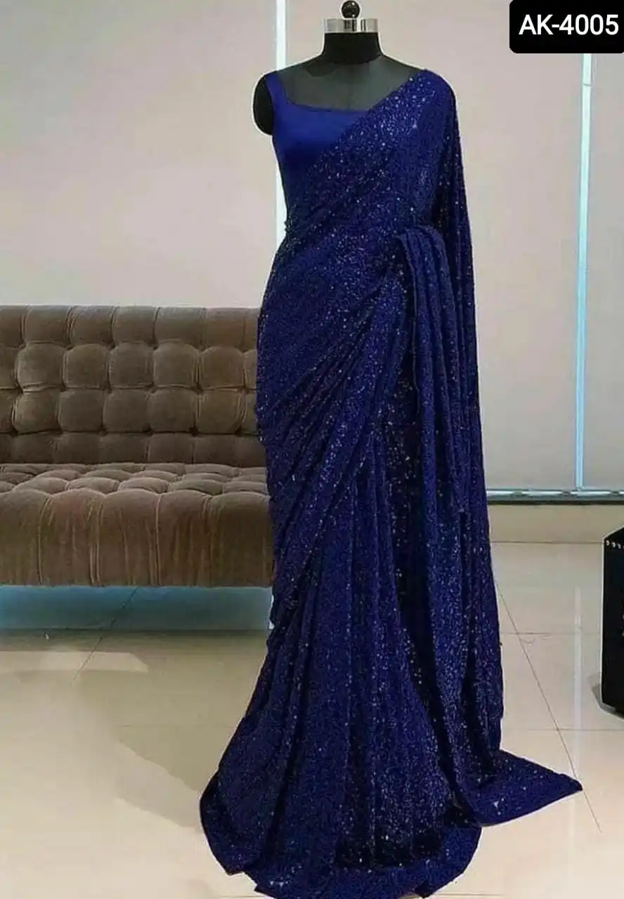 Indian Style Ethnic Wear Georgette Material Sequence Work Saree with Heavy Bangloriy Silk Lace Sequence Border Blouse for Women