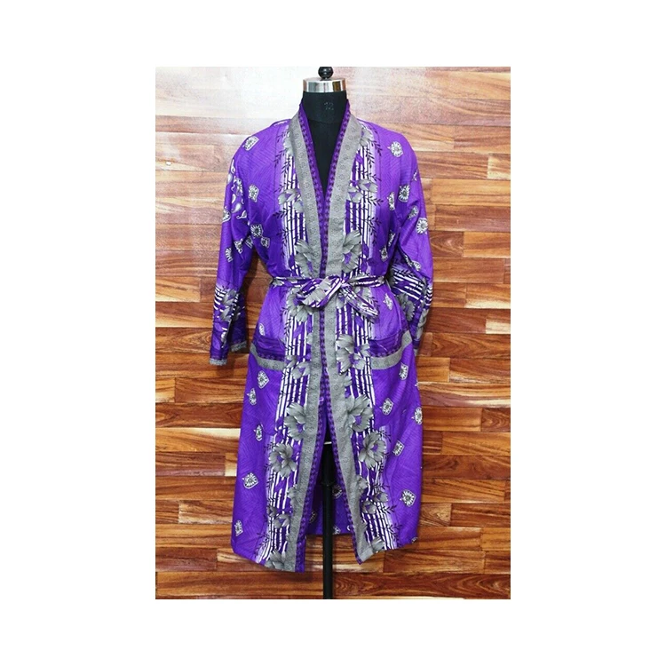 Women Casual Wear Kimono Robe Hippie Sari Bohemian Style Nightgown Beach Wear Sexy Silk Sari Printed Kimono Robe for Women