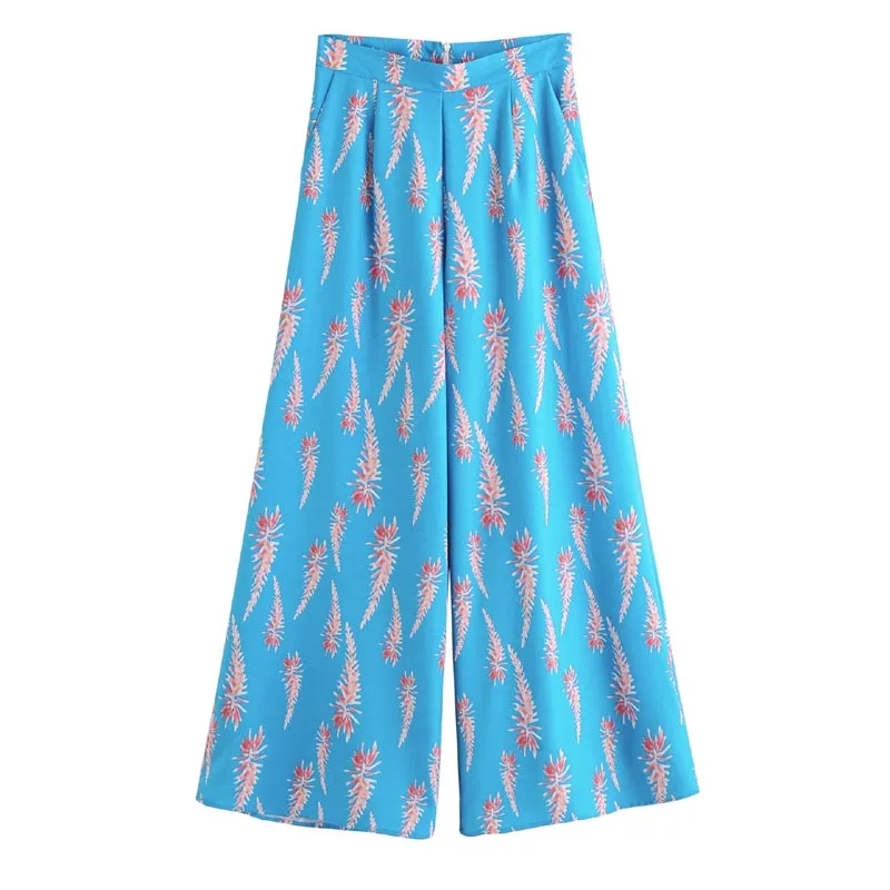 Summer Square Neck Blue Color Floral Print Crop Tops + Wide leg Trousers Sets Women Clothing Set