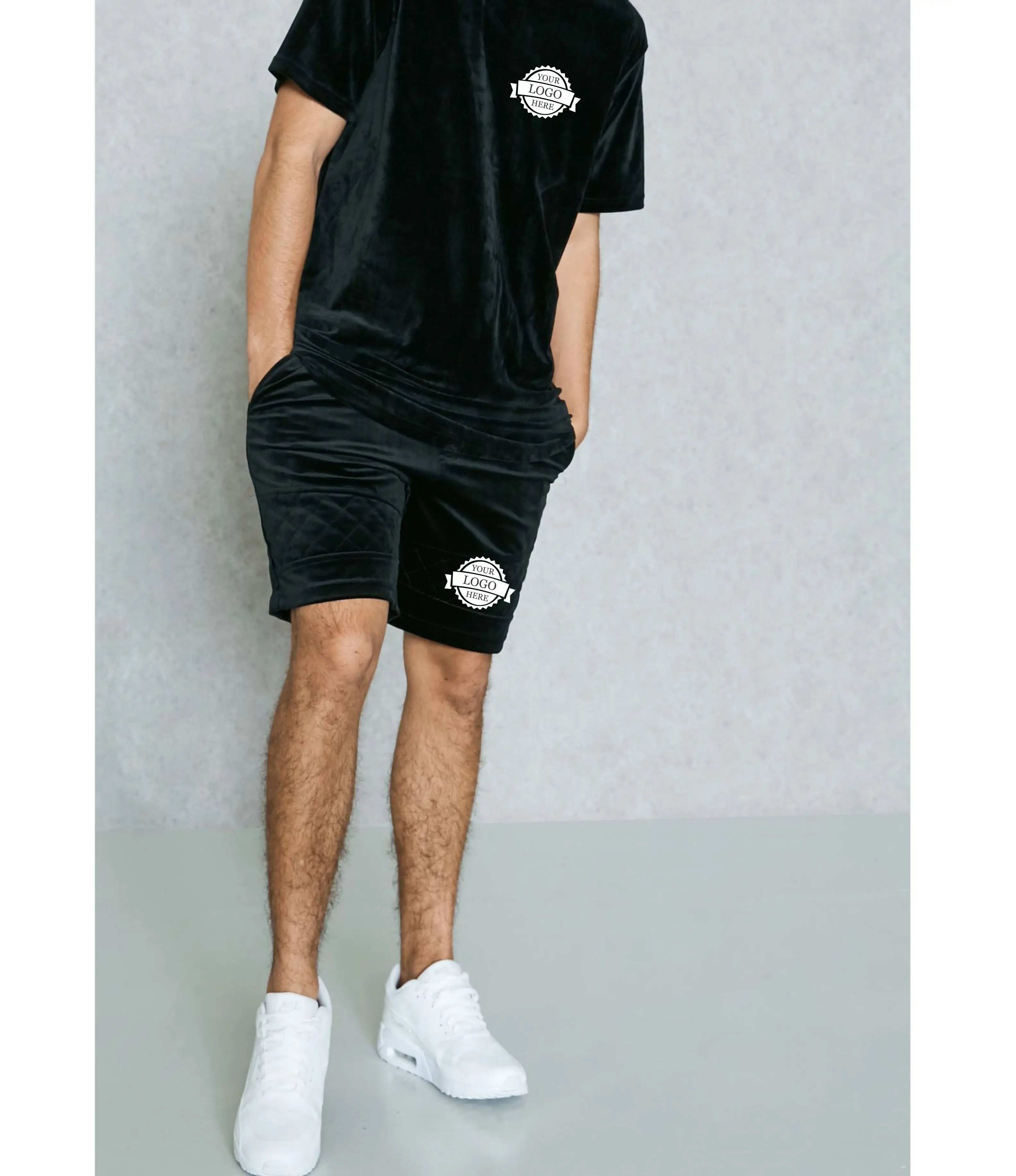  Оптовая продажа комплект из 2 частей для мальчиков с вышитым логотипом велюровый двойной шорты на шнуровке и футболка контрастным вырезом по низкой цене