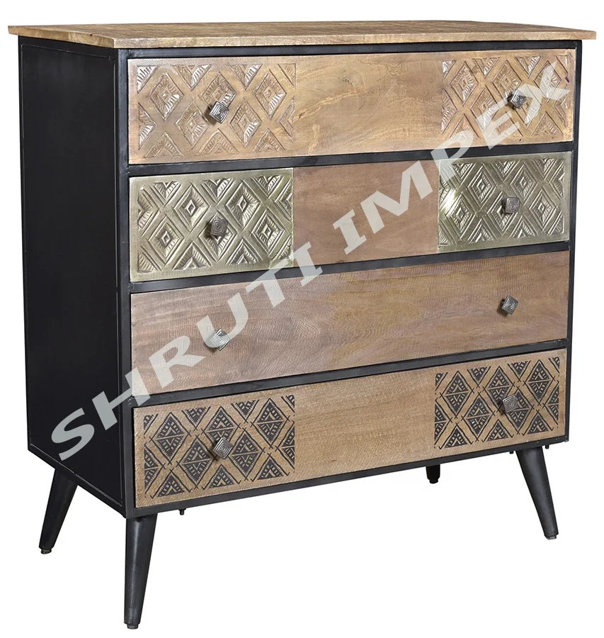 Industrial Indian Handmade Mango Wood Chest of 4 Drawer Cabinet Sideboard For Living Room