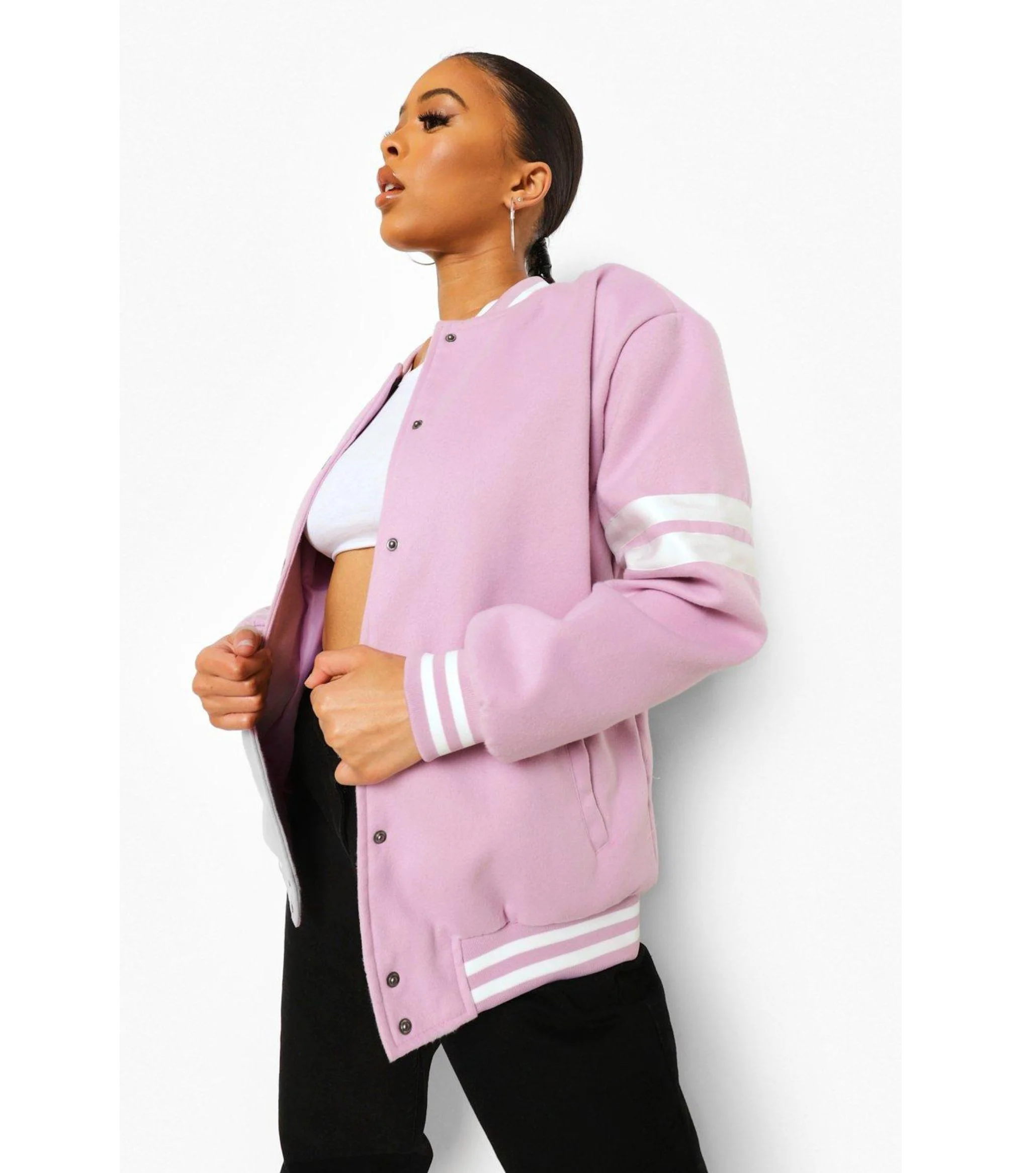 Custom plus size fancy rhinestone baseball varsity jacket casual light weight pink letterman ladies jacket , wool jacket work