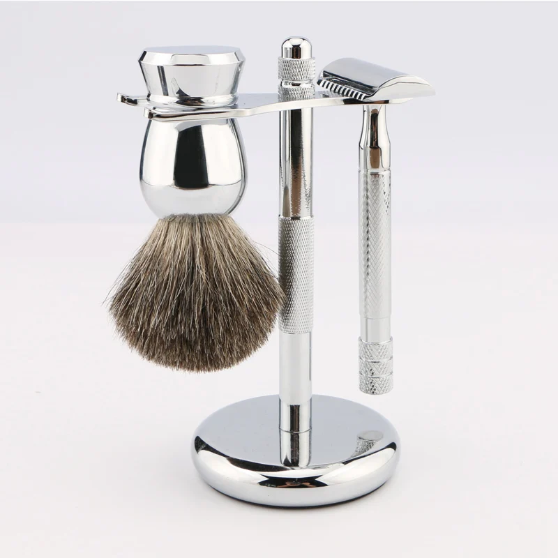 High Quality Shaving Kits Set Pure Badger Shaving Brush Double Edge Safety Razor Stainless Steel Stand 3 in 1 Shaving Set