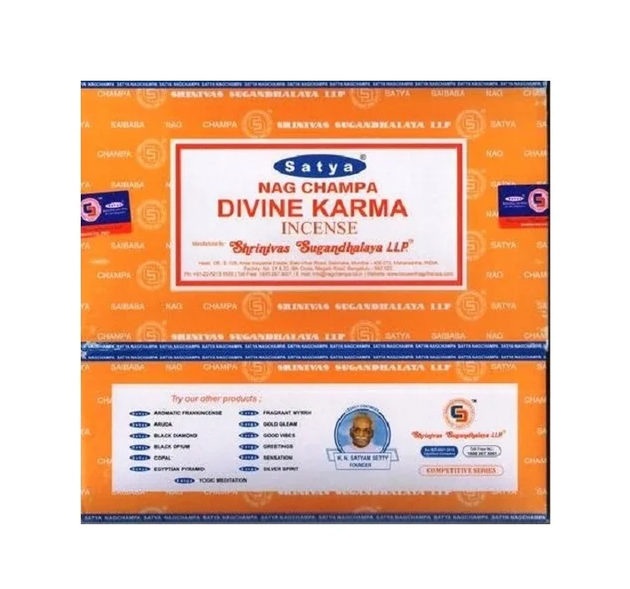 Оптовая продажа палочки для благовоний Satya Nag champa с Кармой упаковка из 12 палочек по 15 г каждый (180 г) домашний ароматизатор