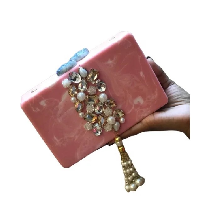 Very Beautiful Hot Selling Handcrafted Ladies Resin Rhinestone Clutch