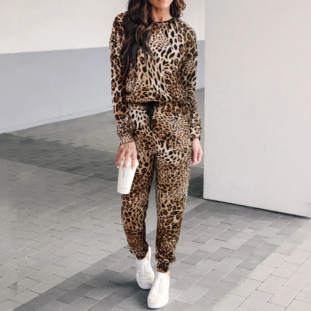 Sublimated leopard Printed Women tracksuit animal skin ladies Jogger Pant and sweat shirt top hoodie 2 Pieces women Clothes