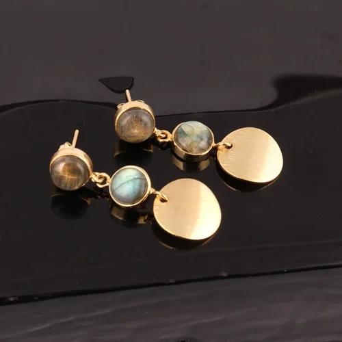 Fiery round shape labradorite gemstone drop dangle earrings brass handmade dis brushed designer earrings