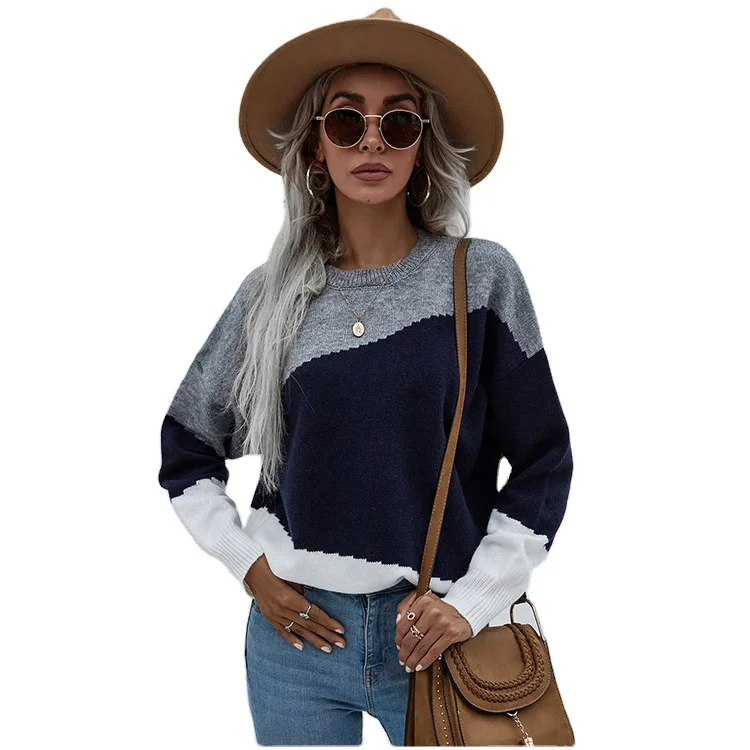 Hot Sale Women Pullover Crew Neck Color Block Long Sleeves Sweater Girls Stylish Knitted Pullover Sweater