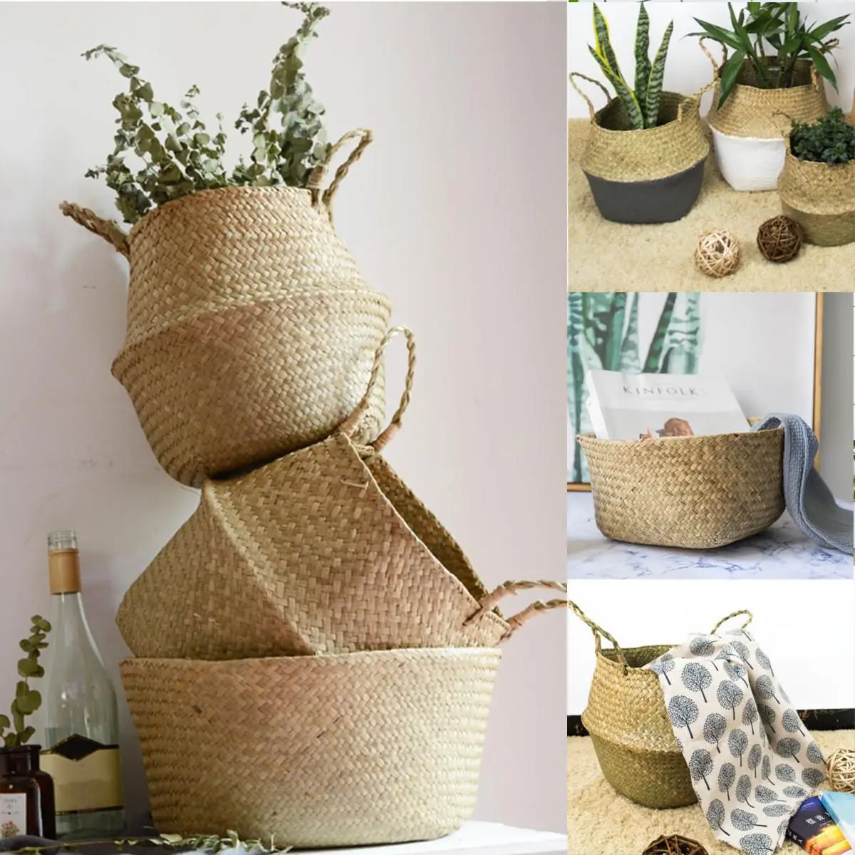 2022 Hot Sale Green Vegetable Seagrass Storage Baskets Rattan Indoor Flower Pots Made In Vietnam