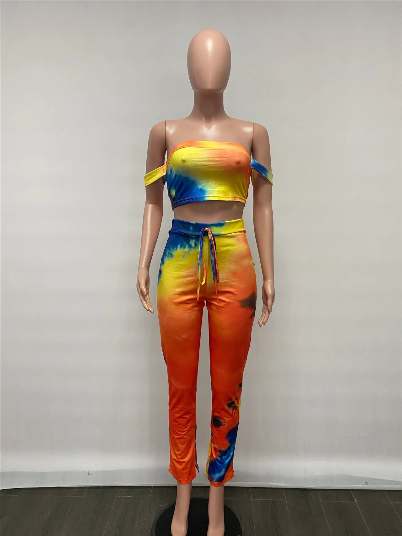 2021 Women Summer Stacked 2 Piece Set Women Stacked Slit Pants Joggers Womens Tie Dye Stacked Leggings Two Piece Outfits
