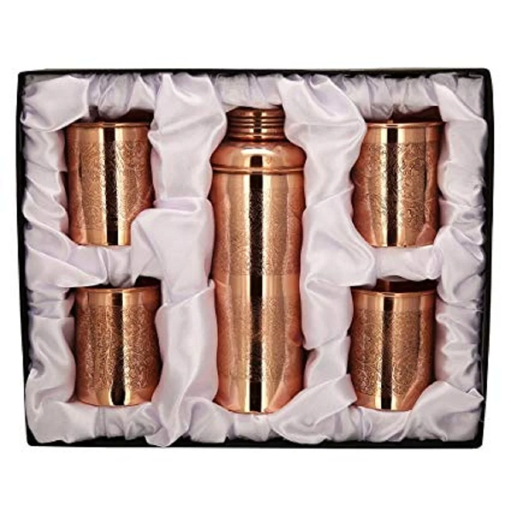 Modern Gift Pack Premium Pure Copper Water Bottle With Glasses Hand Hammered Decorative Copper Water Bottle