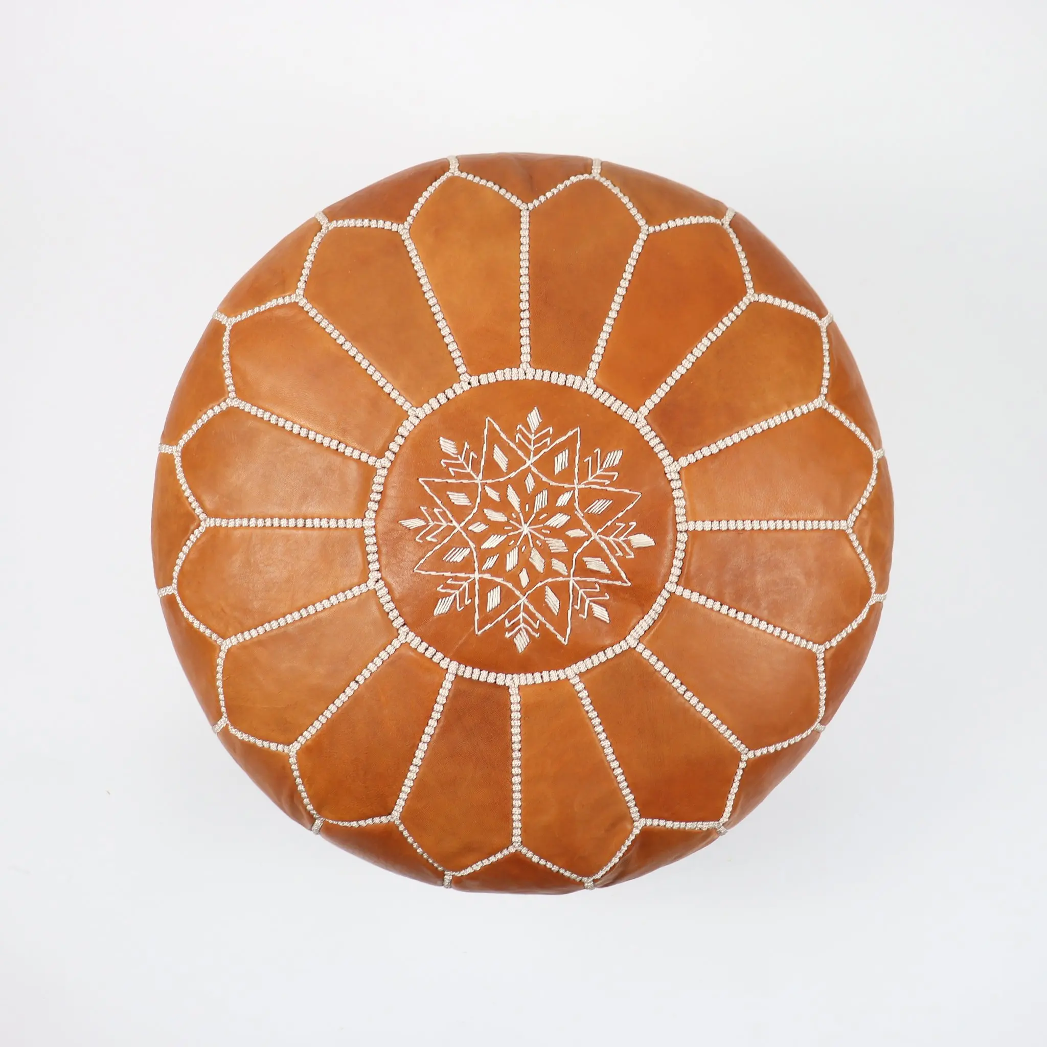 Moroccan handmade Leather Pouf Cognac color