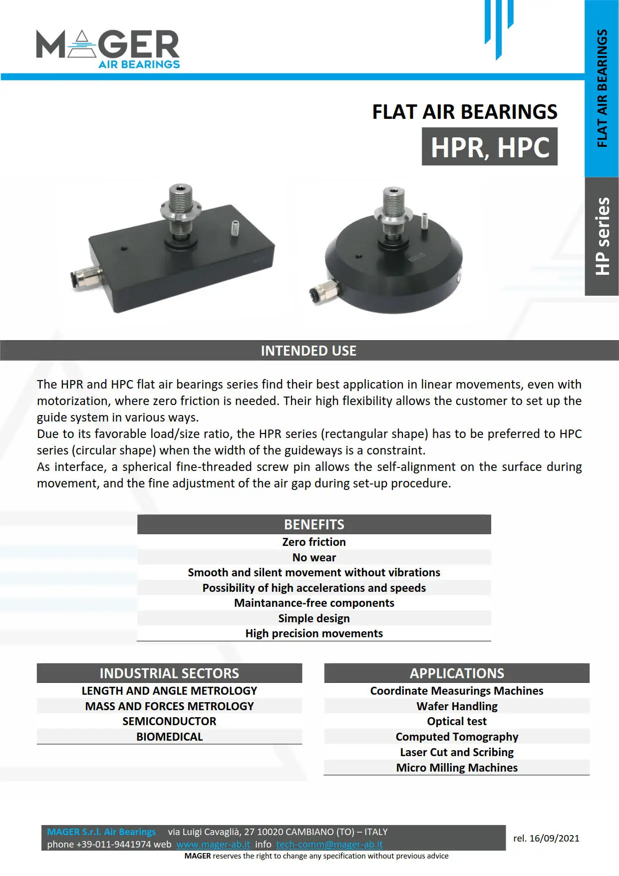 ITALY TOP QUALITY FLAT RECTANGULAR AIR BEARING HPR2.8 50x90x17