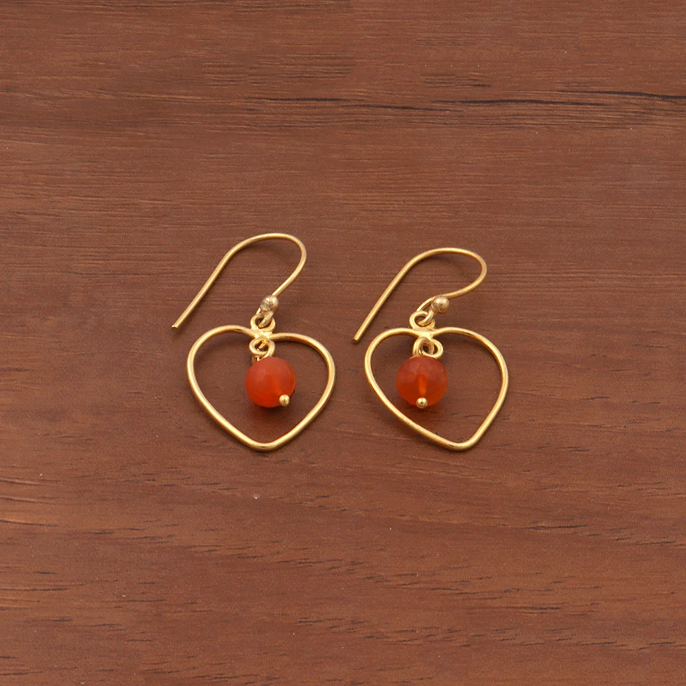 Mode Joyas, Gold Plated Brass Metal Red Carnelian Gemstone Hook Earring Round Stone & Brass Heart Charm Earrings Jewelry. E-585