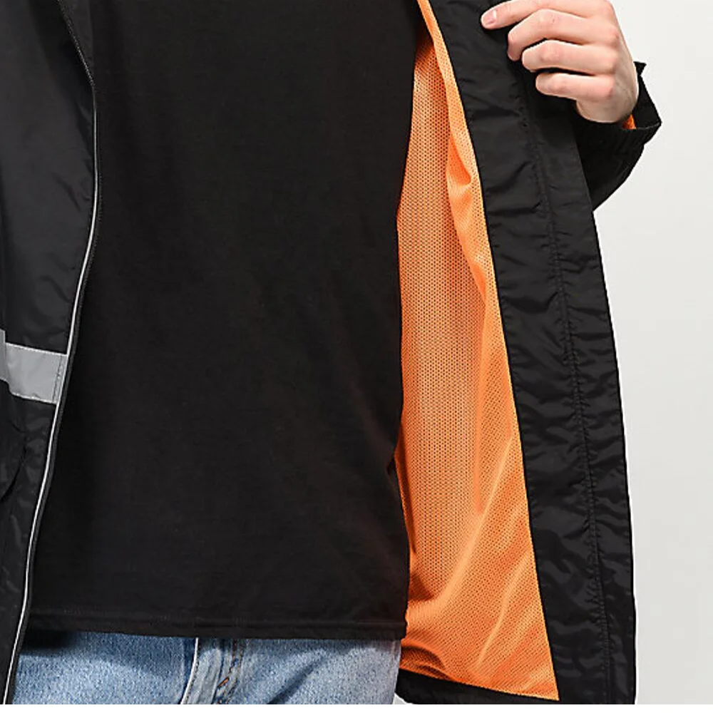 custom windbreaker high visibility men street wear Black with white reflective tape zipper