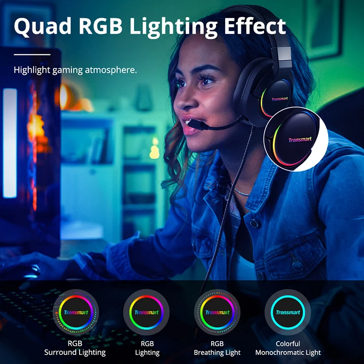 Tronsmart Sparkle Gaming Headphone with mic Virtual 7.1 Game Headset with RGB Lighting Standard USB Port Headset with EQ Mode