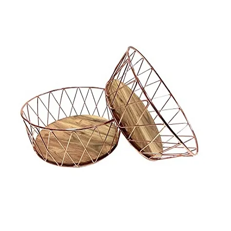 Superior Quality Round Shape Iron And Wooden Basket For Home Storage And Organization Basket Set Of 2