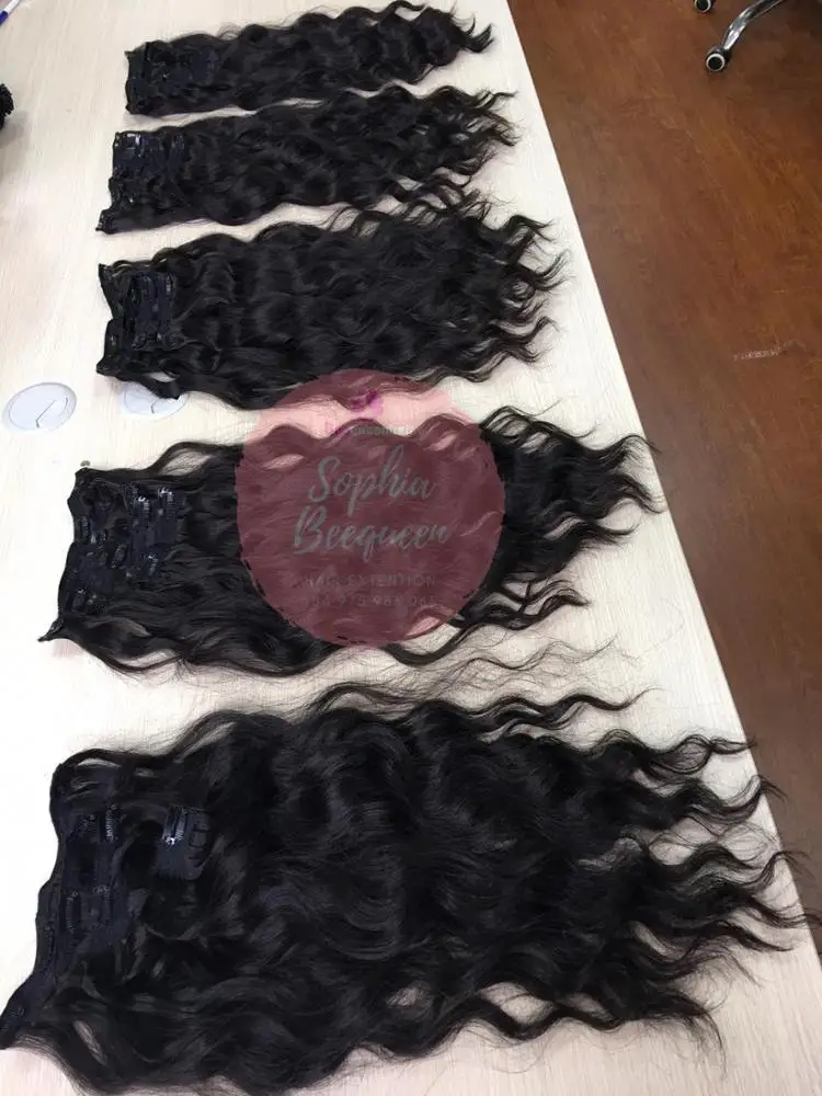 Clip-in hair extention Natural Wavy Double Drawn Natural Black color #1B No Shedding No Tangling Dyalbe best virgin hair